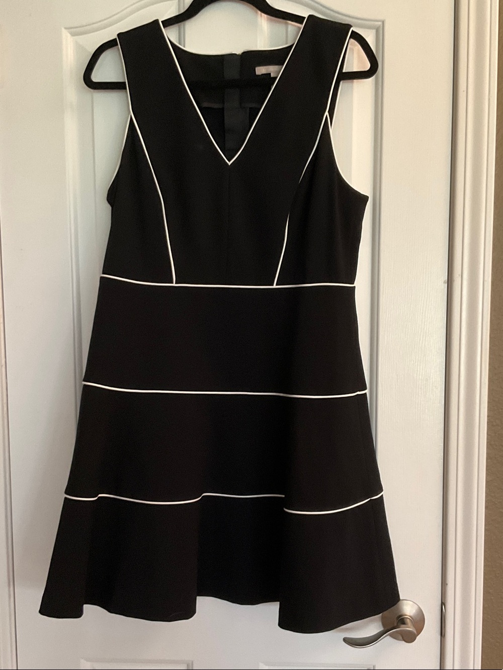 Black V-Neck Sleeveless Fit & Flare Dress with White Piping
